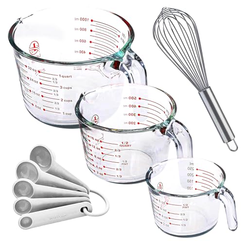 Le'raze Set of 3 Glass Measuring Cups with Measuring Spoons & Whisk - Kitchen Mixing Bowl Liquid Measure Cup, Glass Bakeware. 1 cup, 2 cup, 4 cup., Multi Size, Clear