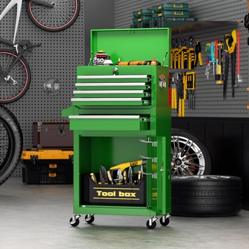 Oakcloud Heavy-Duty 5-Drawer Rolling Tool Chest & Cabinet Combo with Black Liner – Lockable Steel Garage Tool Box on Wheels – Detachable Top Toolbox & Bottom Storage Cart with Side Hooks, Green - color: Green, size: 5-drawer