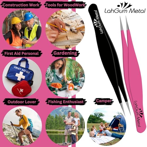 Ultra Fine Sharp Pointed Tweezers Precision, Needle Nose Pointy Tweezers for Ingrown Hair Removal Kit, Black & Pink, 2-Piece - color: Black & Pink, size: 2-Piece