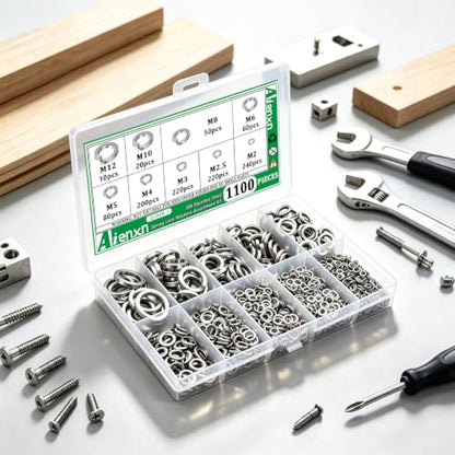 1100PCS Spring Lock Washers Assortment, 304 SS 9 Metric Sizes M2-M12 - size: Metric-1100PCS