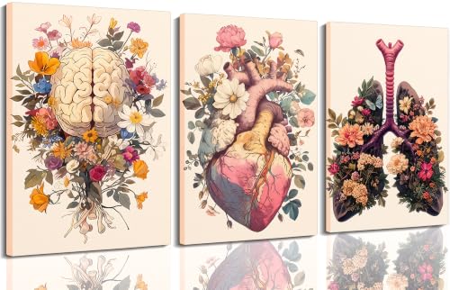 Medical Human Anatomy Poster Wall Art Vintage Floral Heart Painting Picture Wall Decor Colorful Heart Lungs Brain Aesthetic Canvas Print Artwork for Doctor Nurse Office Clinic Hospital Decoration - color: Flowers organs A, size: 16"L x 12"W