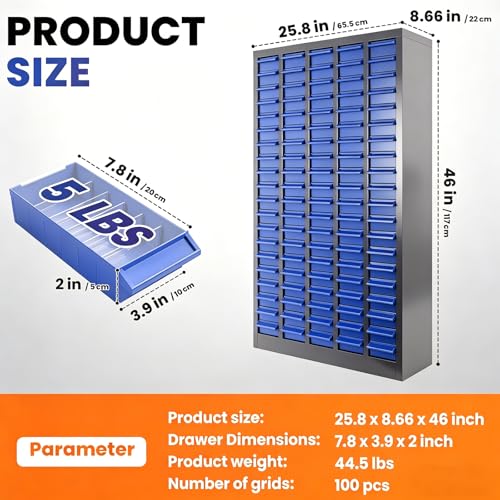 100 Drawer Alloy Steel Nut and Bolt Organizer, ABS Material Bolts Organizer, 26" L×9" W×46" H Drawer Parts Storage Cabinet, with Dividers and Labels for Laboratory, Studio, Home Use/Blue (100Drawer) - size: 100Drawer