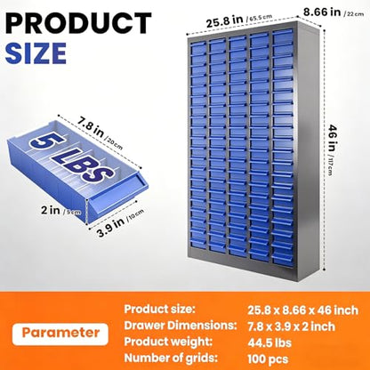 100 Drawer Alloy Steel Nut and Bolt Organizer, ABS Material Bolts Organizer, 26" L×9" W×46" H Drawer Parts Storage Cabinet, with Dividers and Labels for Laboratory, Studio, Home Use/Blue (100Drawer) - size: 100Drawer