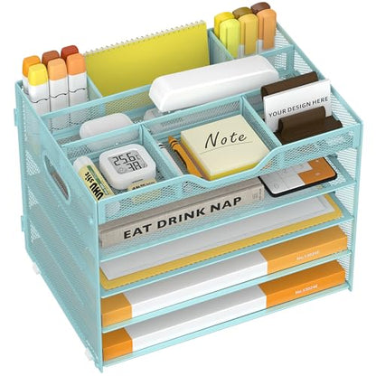 5 Tier Paper Letter Tray Desk Organizer with Pen Holders - Blue - color: 5 Tier-Blue, size: 12.5" x 9.1" x 10.3"