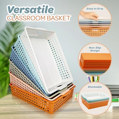 4E's Novelty 6 Pack Classroom Paper Baskets, Organizing Desk Boho Tray for A4 Papers, Classroom Storage Plastic Paper Bins, Fun Turn In Trays for Teachers and Students, Office Desk Room Trays