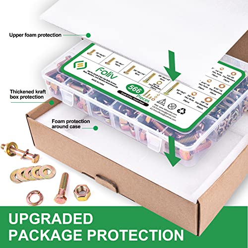 FOLIV 566Pcs Heavy Duty Bolts and Nuts Assortment Kit, Grade 8 Hex Screws Bolts Nuts Kit, 1/4-20 5/16-18 3/8-16, 15 Common Sizes Included - size: 566PCS 1/4-20 5/16-18 3/8-16