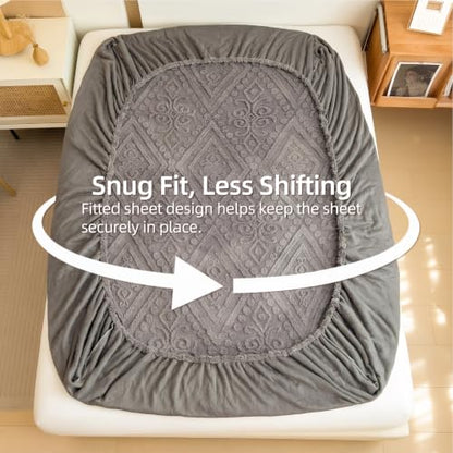 European Damask Embossed Plush Fitted Sheet,Cal King,Dark Gray,72x84inch - color: Dark Gray, size: California King(72"x84")