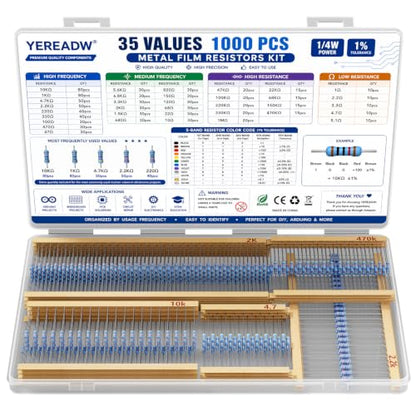 1000PCS Resistor Kit, 1/4W ±1% Metal Film, 35 Values, 1Ω-1MΩ Resistors