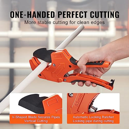 VEVOR PVC Pipe Cutter, Up to 2-1/2" O.D. Ratchet Pipe Cutter Heavy Duty, Professional Tube Cutting Tool with SK5 Steel Blade & Ergonomic Handle, Uses for PVC, CPVC, PP-R, PEX, PE, Rubber Hose - size: 2-1/2" O.D.