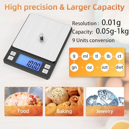 BOMATA 0.01g/1kg Upgraded Small Digital Scale, USB Rechargeable, with Larger Display and Hold,Tare Function, 9 Units, High Precision Digital Scale Grams and oz for Small Item, Kitchen…Grey - size: 0.01g/1kg Grey