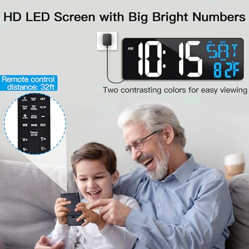 17" Large Digital Wall Clock with Remote, Auto Dimmer, Date Temp, Timer - color: Ice Blue+ White