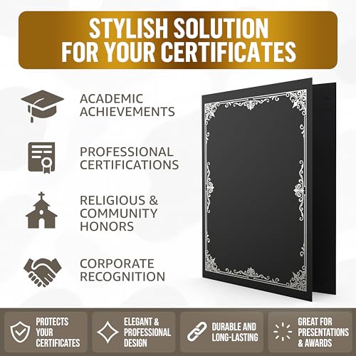 50 Pack Double Sided Certificate Holders 8.5x11 Black - Heavyweight 300gsm Cardstock Diploma Holder - Dual Certificate Folder Letter Size Graduation Award Certificate with Silver Foil Diploma Cover - color: Black-Silver, size: 50 Pack