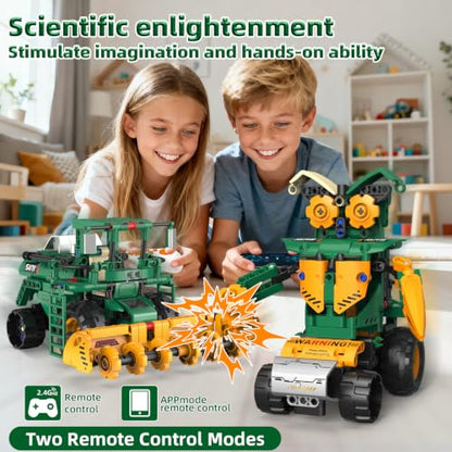 5 IN 1 STEM Robot Toys Building Kits for Kids Ages 6-14, App & Remote Control STEM Harvester/Plowing Cart/Water Truck Robot Building Set, Programmable Transformers RC Robotics Gifts for Kids Boys