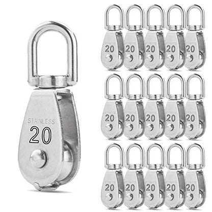 CertBuy 16 Pack M20 Single Pulley Block Loading 200lbs 304 Stainless Steel Swivel Pulley Small Rope Pulleys Hanging Wire Towing Wheel for Wire Rope