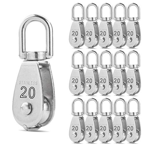 CertBuy 16 Pack M20 Single Pulley Block Loading 200lbs 304 Stainless Steel Swivel Pulley Small Rope Pulleys Hanging Wire Towing Wheel for Wire Rope