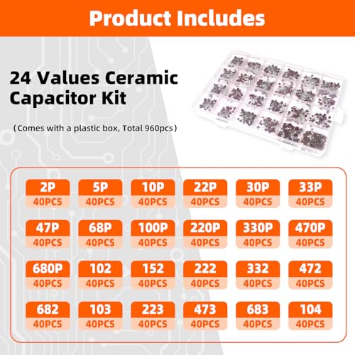 960 Pcs Ceramic Capacitor Kit 24 Values Multilayer Monolithic Chip
