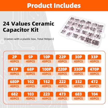 960 Pcs Ceramic Capacitor Kit 24 Values Multilayer Monolithic Chip