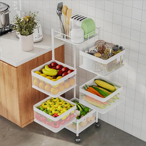 Fruit Basket for Kitchen No Assembly,Rotating Kitchen Storage Rack,Bathroom Shelf, Organizers and Storage Cart on Rolling Wheels，Potato and Onion Storage Organizer(White, 5 Tier-Square) - color: White