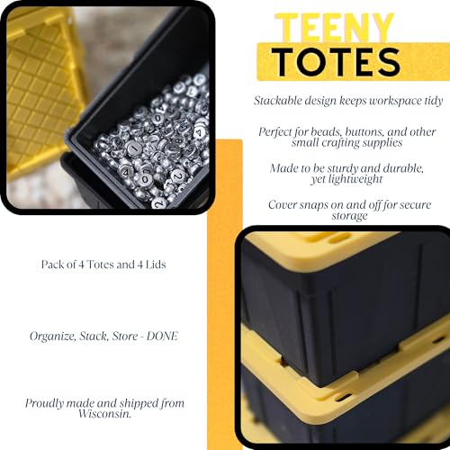 justPrintiful TEENY TOTES, Pack of (4) Mini Stackable Organizing Totes with Lids, Black and Yellow, for Crafts and Small Parts Storage, Easy Snap Fit Lids for Secure Storage