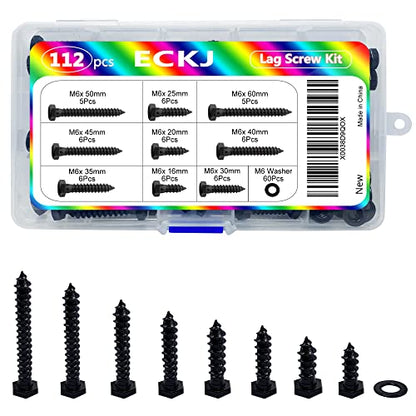 Hex Lag Bolts 112PCS M6 Hex Head Lag Screws Washers Assortment Kit Fully Thread Heavy Duty Hexagon Wood Screw Zinc Plated Black Metric Length Include 16/20/25/30/35/40/45/50/60mm