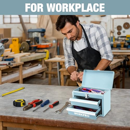 WORKPRO Portable Mini Metal Tool Box with 2 Drawers - color: Macaron Blue