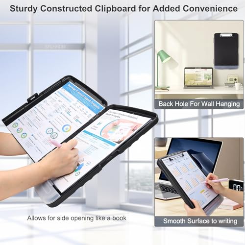Clipboard with Storage, A4 Binder Nursing Clipboards with Pen Holder, Heavy Duty Storage Clipboards with Low Profile Clip, Clipboard Folder Side-Opening, Smooth Writing Clip Board (Dark Black) - color: Dark Black