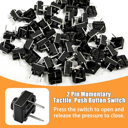 TWTADE 100Pcs Micro Momentary Tactile Push Button Switch 6x6x5mm 2 Pin Tact Switch Assortment Kit - color: Black-2 Pin/100Pcs