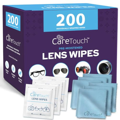 Care Touch Lens Cleaning Wipes with Microfiber Cloths - 200 Lens Wipes for Eyeglasses & 6 Microfiber Cloths - Glasses, Camera Lenses, Screens, Eye Glasses Cleaner for Cleaning Eyeglasses - size: 200 Count (Pack of 1)
