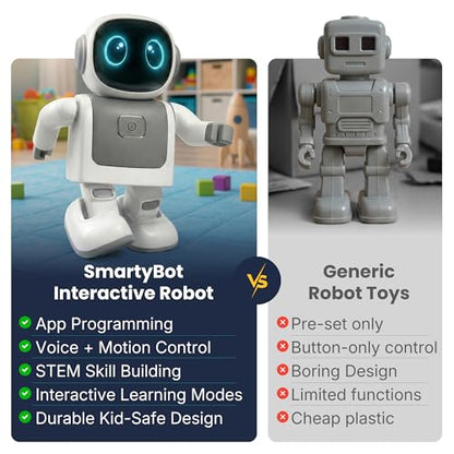 SmartyBot Smart Robot Toy for Kids - Interactive Remote Control Robot with App, Programmable Moves, 7 Customizable LED Eye Colors, Reacts to Music, STEM Learning Toy for Boys & Girls Ages 4 5 6 7 8 9