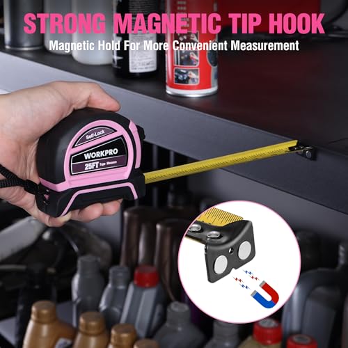 WORKPRO 25FT Pink Tape Measure, Dual Lock Measuring Tape - Pink Ribbon