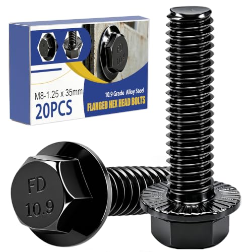 mankk 20PCS M8-1.25 x 35mm Flanged Hex Head Bolts 10.9 Grade High Tensile Alloy Steel,Black Zinc Plated,Full Thread,for Auto Parts, Farm Equipment & DIY Projects - size: BK M8x35mm