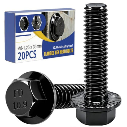 mankk 20PCS M8-1.25 x 35mm Flanged Hex Head Bolts 10.9 Grade High Tensile Alloy Steel,Black Zinc Plated,Full Thread,for Auto Parts, Farm Equipment & DIY Projects - size: BK M8x35mm