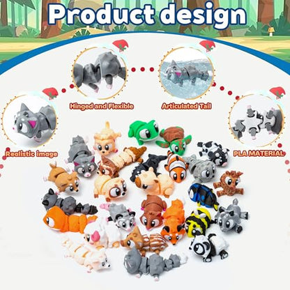 30pcs Mini 3D Printed Animals Statues, Movable Joints Realistic Collectible Figurines Set Mini 3D Printed Animals, Birthday and Halloween Christmas Party Gifts