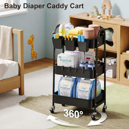 3 Tier Metal Rolling Cart with Lockable Wheels,Black Three Tiered Art Carts - color: Matte Black, size: 3 tier