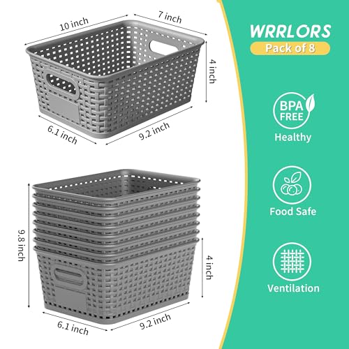 8 Pack Plastic Storage Baskets,Grey Stackable Bins with Lid - color: Grey