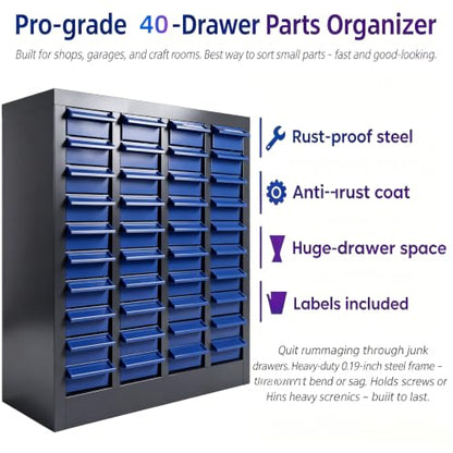 40 Drawer Alloy Steel Nut and Bolt Organizer, Tool Cabinet with Label Slots & Dividers. Single Drawer 7.8" L x 3.9" W x 2" H. for Workshops & Home Garages.