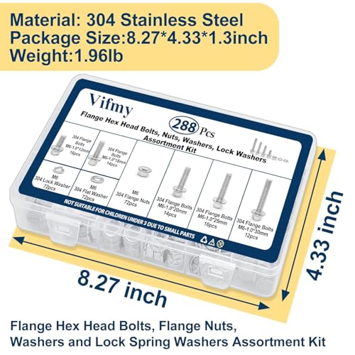 M6-1.0 Flange Bolt & Nut(12/16/20/25/30mm) Assortment Kit Stainless 288Pcs - size: SS Metric M6