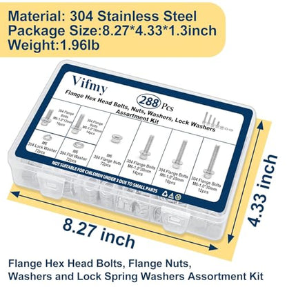 M6-1.0 Flange Bolt & Nut(12/16/20/25/30mm) Assortment Kit Stainless 288Pcs - size: SS Metric M6