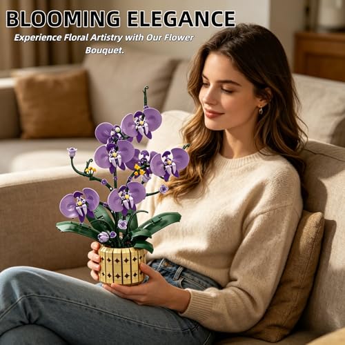 Botanicals Orchid Kit for Adults – 832Pcs Purple Charm Phalaenopsis Toy Building Blocks, Artificial Flower Bouquet with Pot, Lifelike Plant Decor for Home Office, Unique Gifts for Girls, Mom, Wife