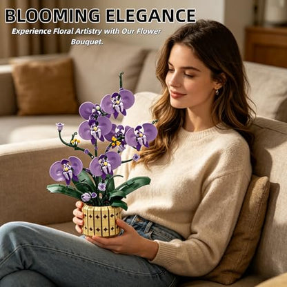 Botanicals Orchid Kit for Adults – 832Pcs Purple Charm Phalaenopsis Toy Building Blocks, Artificial Flower Bouquet with Pot, Lifelike Plant Decor for Home Office, Unique Gifts for Girls, Mom, Wife