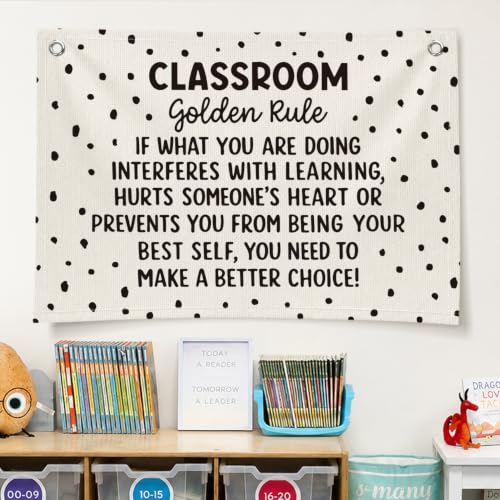 Black and White Classroom Golden Rule Decor Wall Hanging Banner - color: 02-Classroom Golden Rule - Black Polka Dot