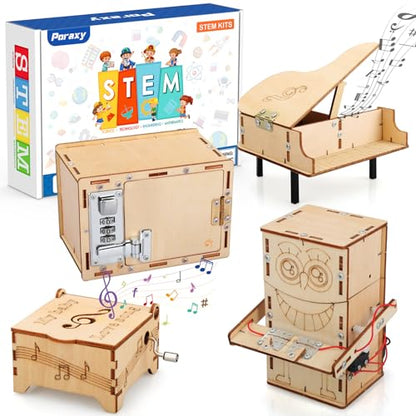 Poraxy 4 Set STEM Kits for Kids Ages 8-10 10-12, Toys for Ages 8-13, Music Box, Robot 3D Puzzle Educational Science Building Projects Crafts, Birthday Gifts for Boys Girls 7 8 9 10 11 12 13 Year Old