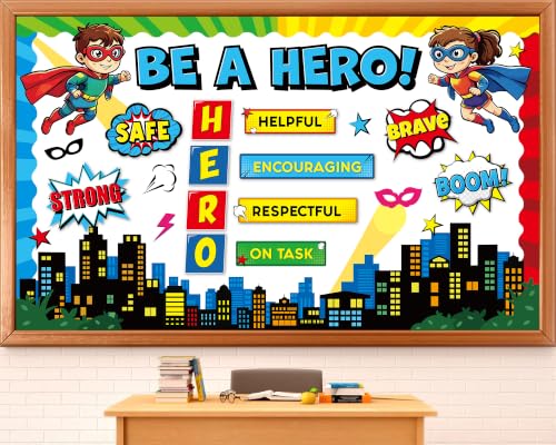 Hero Themed Mental Health Bulletin Board Set Super Themed Positive Classroom Decor Inspirational Heroes Sayings Cityscape Cutouts for Back to School Party Classroom Home Chalkboard Wall Door Decor - style: Be A Hero