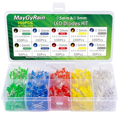 3mm & 5mm LED Diodes Kit,750 Piece 10 Values 5 Color, Light Assortment Kit Low Voltage Circuit Emitting Diodes Bulb Lamp Set, Green, Blue, Red, Yellow, White (5mm-5color-250pcs & 3mm-5color-500pcs) - style: 3mm & 5mm 750pcs(3mm-5color-500pcs & 5mm-5color-
