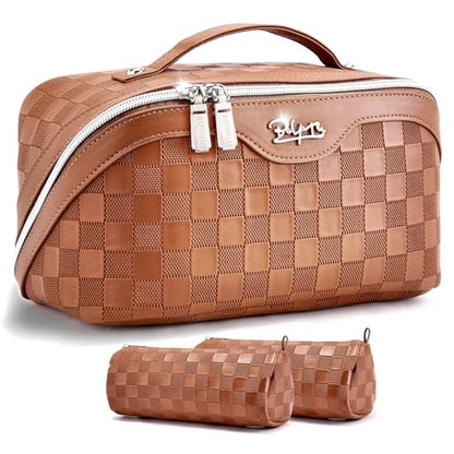 BOYATU Travel Makeup Bag Organizer: 180°Open-Flat 3 Pcs Make up Bags Set - color: 01-F-Brown