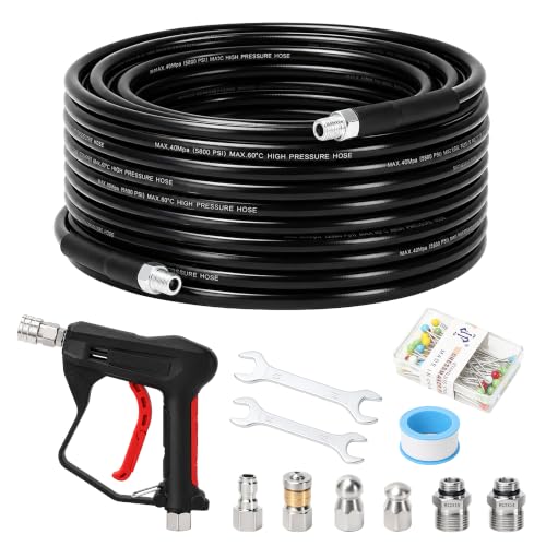 Sewer Jetter Kit for Pressure Washer 50 FT, Drain Cleaning Hose with Short Gun, 1/4" NPT, Rotating, Button Nose & Corner Nozzles, High Pressure Pipe Cleaner for Sewer and Drain Cleaning - color: Black - With Gun, size: 50FT