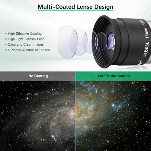Alstar Eyepiece 15mm 1.25 Inch Plossl Eyepiece Telescope Lense 50° Wide FOV - size: 15MM
