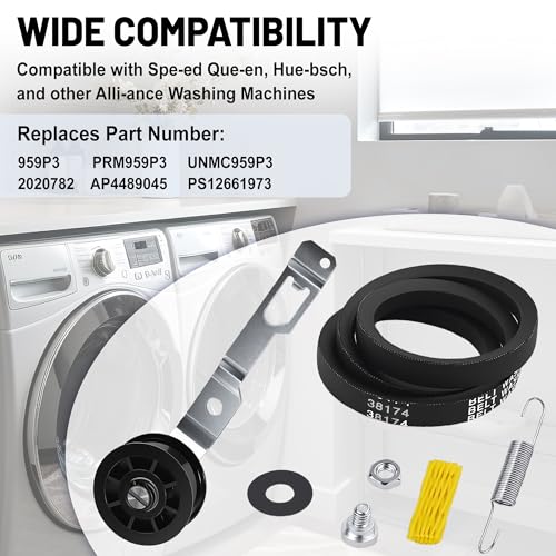 959P3 Washer Idler Pulley Kit Idler Lever and Belt Kit Compatible with Sp-eed Qu-een Replaces PRM959P3 UNMC959P3 2020782 AP4489045 PS12661973