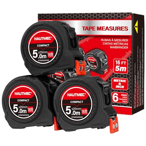 HAUTMEC Tape Measure 16ft/5m 6-Pack with Magnetic Hook & Finger Brake Lock | Fraction 1/8" Dual Metric and Imperial Scale | Compact for Builders, Woodworkers & Wholesale 25039