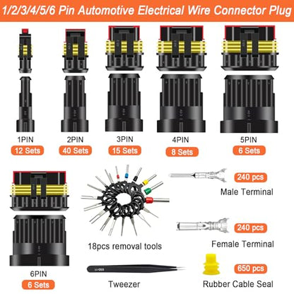 1500Pcs 89 Kits Waterproof Automotive Electrical Connectors 1/2/3/4/6 Male&Female Automotive Replacement Electrical Accessories 22-14AWG with Ratchet Crimping Tool and Wire stripper - size: 1500PCS
